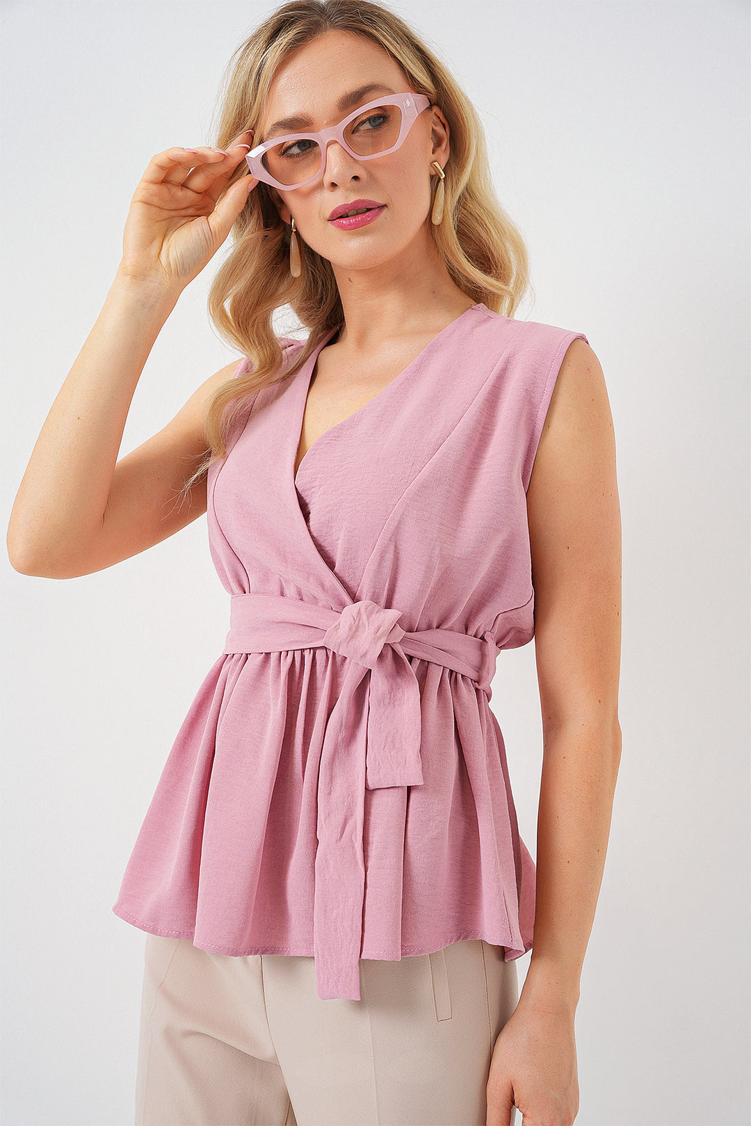 BGD Women Women's Wrap Neck Sleeveless Blouse 966 - Powder - Clondalkin