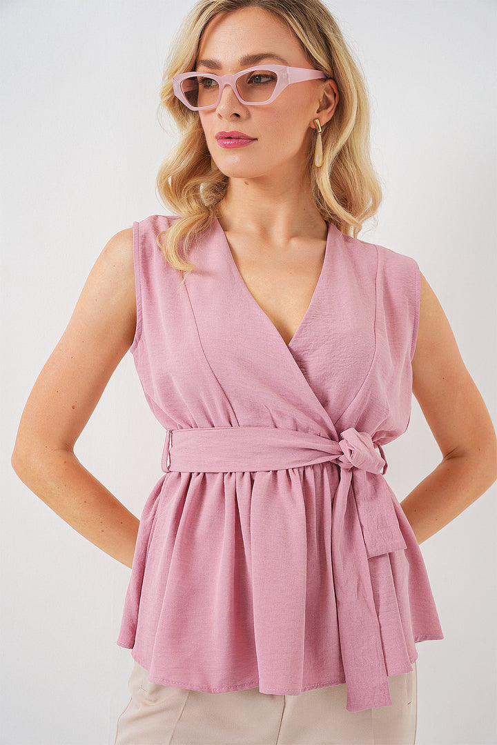 BGD Women Women's Wrap Neck Sleeveless Blouse 966 - Powder - Clondalkin