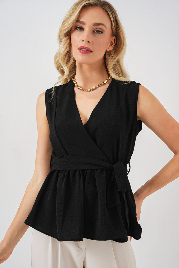 BGD Women Women's Wrap Neck Sleeveless Blouse 966 - Black - Ahlen