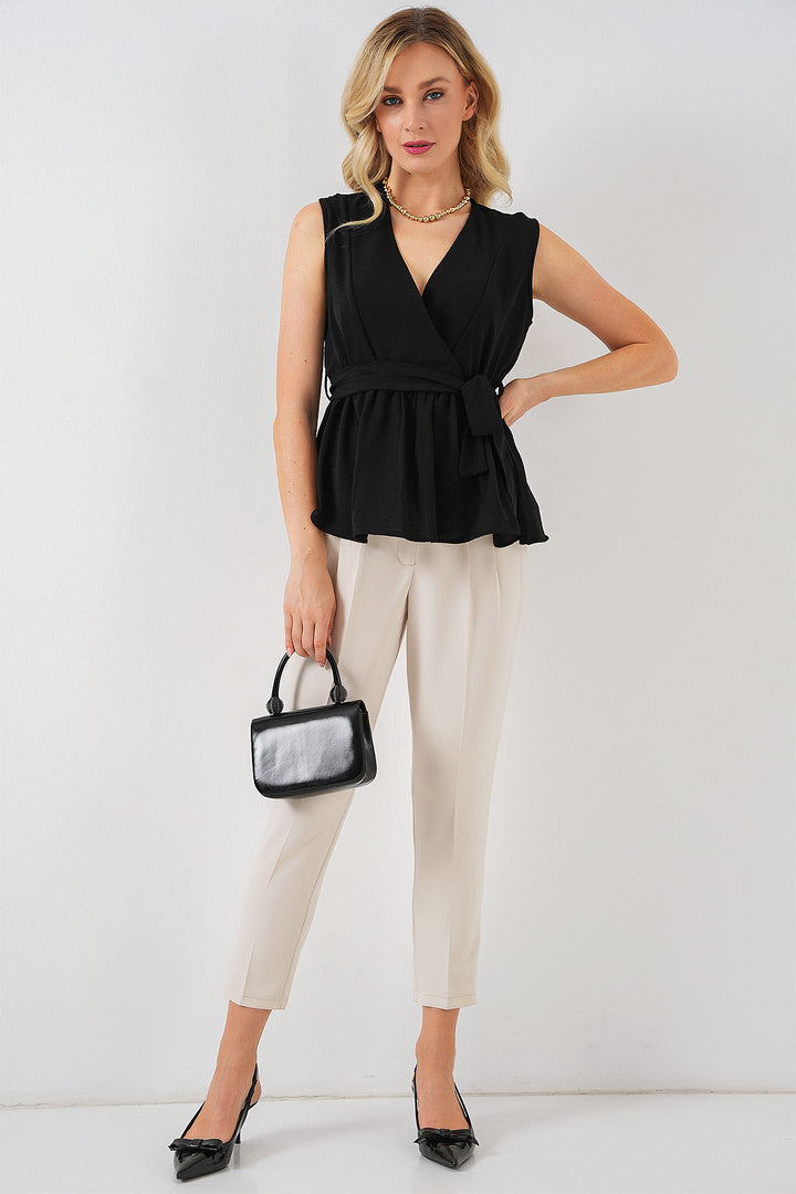 BGD Women Women's Wrap Neck Sleeveless Blouse 966 - Black - Ahlen