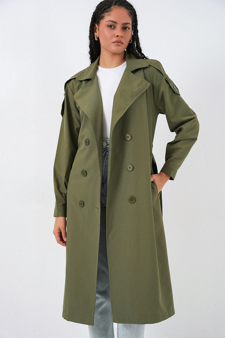 BGD Women Women's Wrap Neck Trench Coat 5978 - Khaki - Níkaia