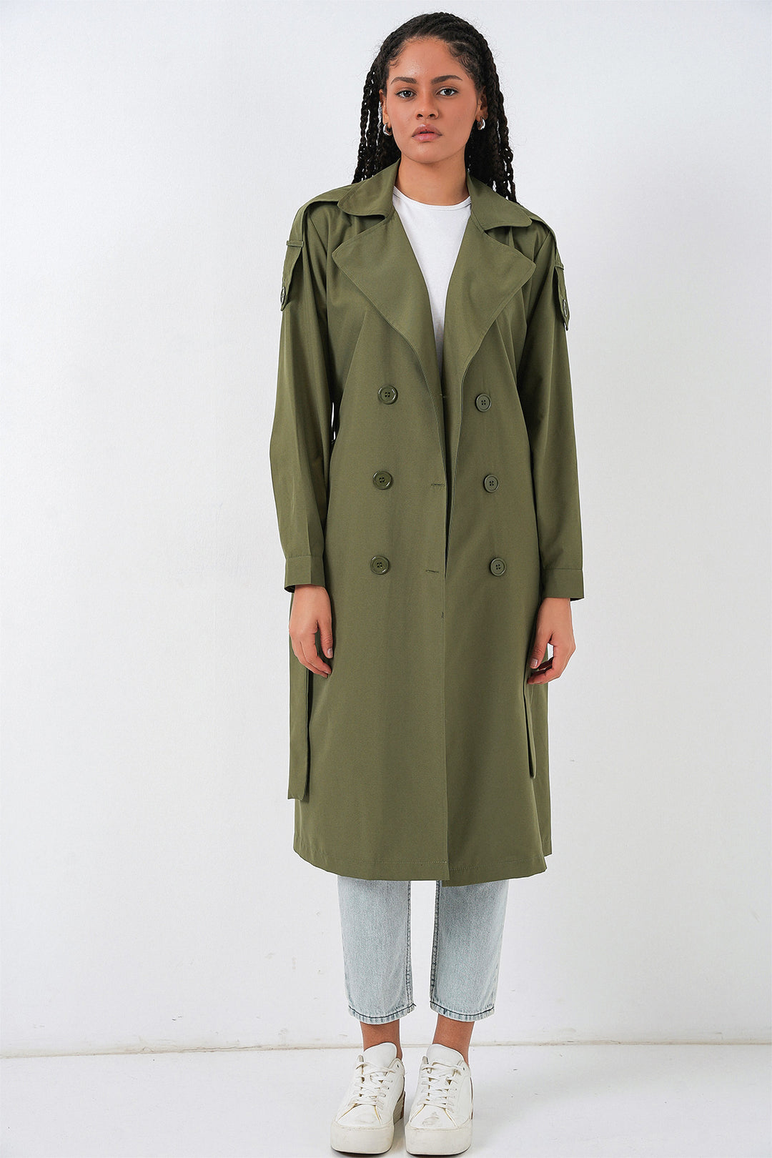 BGD Women Women's Wrap Neck Trench Coat 5978 - Khaki - Níkaia