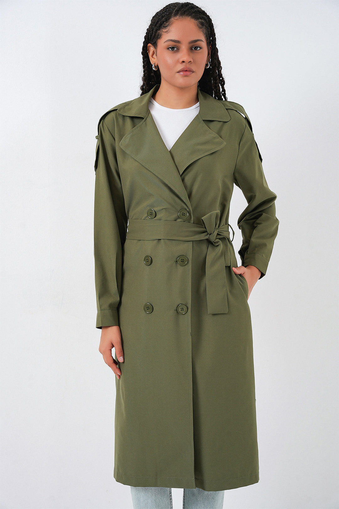 BGD Women Women's Wrap Neck Trench Coat 5978 - Khaki - Níkaia