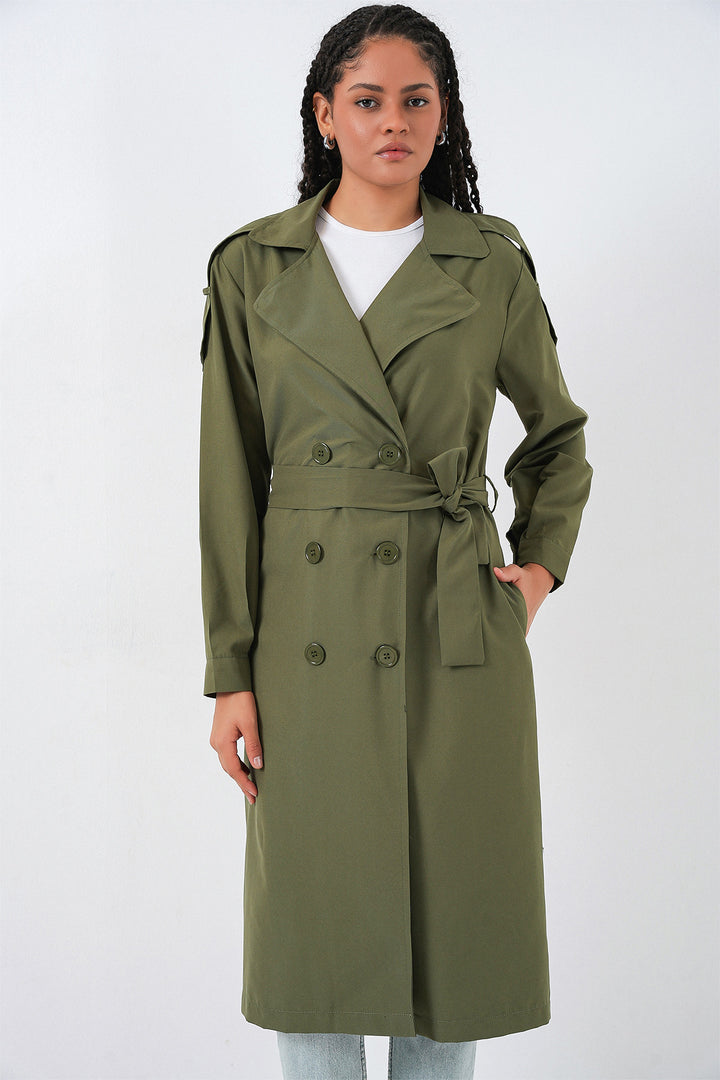 BGD Women Women's Wrap Neck Trench Coat 5978 - Khaki - Níkaia