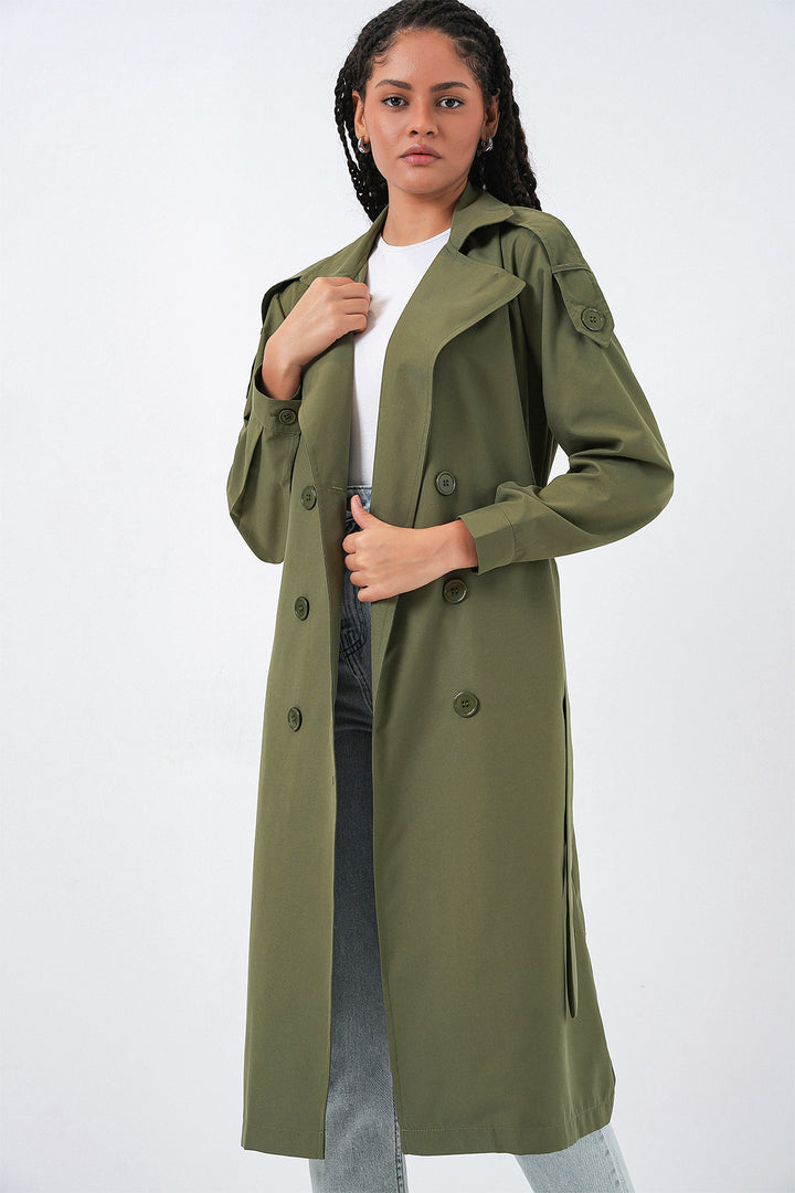 BGD Women Women's Wrap Neck Trench Coat 5978 - Khaki - Níkaia