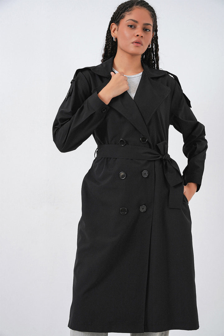 BGD Women Kadın Kruvaze Yaka Trençkot 5978 - Siyah - Benevento