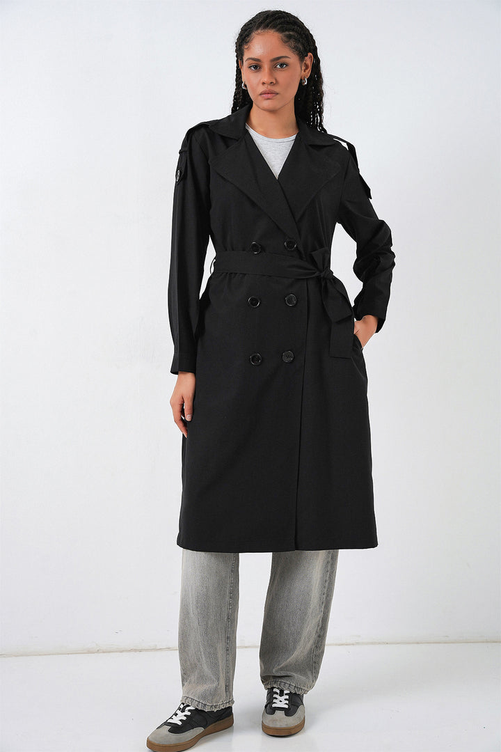 BGD Women Kadın Kruvaze Yaka Trençkot 5978 - Siyah - Benevento