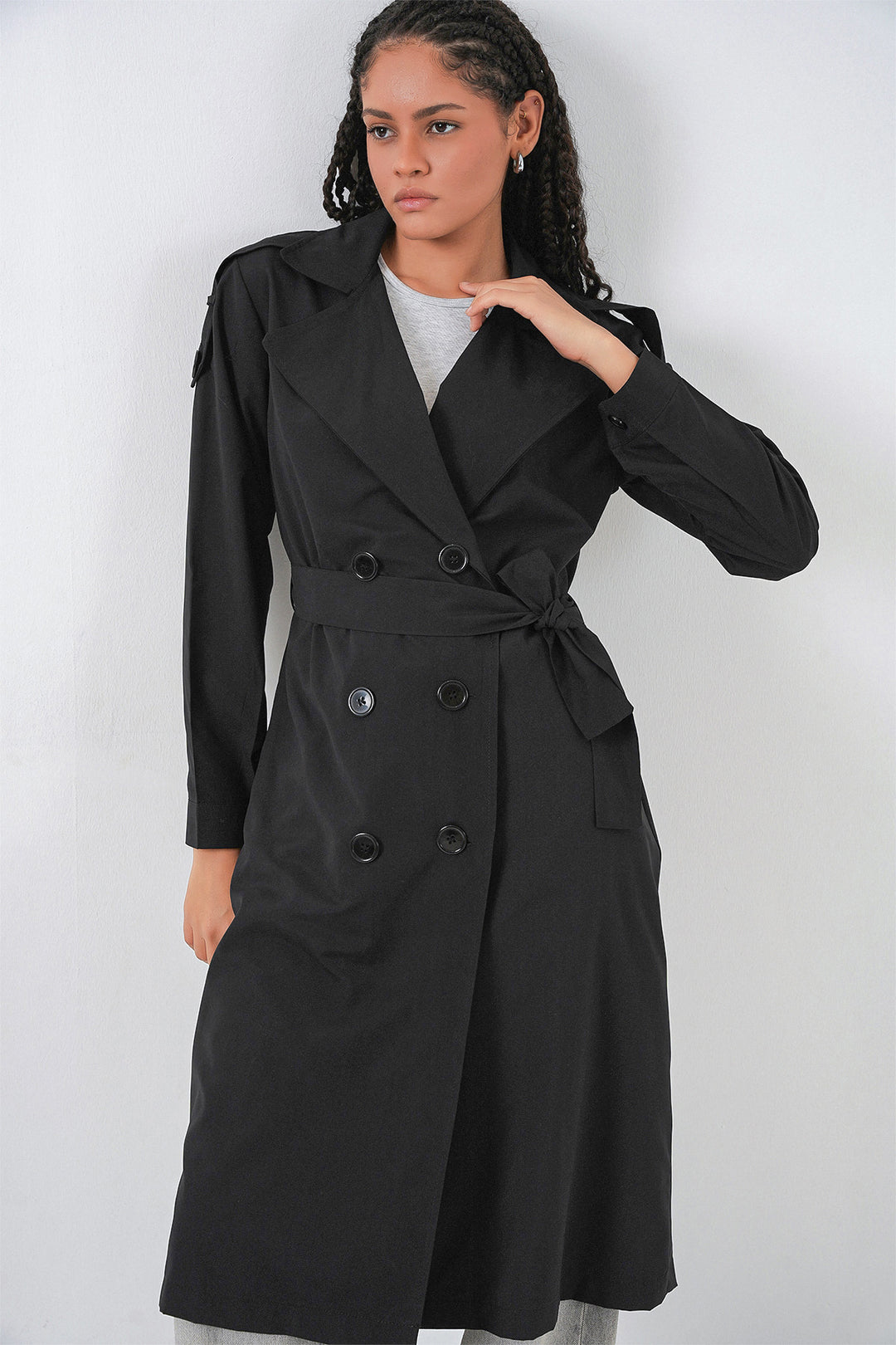 BGD Women Kadın Kruvaze Yaka Trençkot 5978 - Siyah - Benevento
