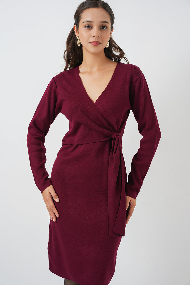 BGD Women Women's Wrap Neck Sweater Dress 15928 - Burgundy - Perris
