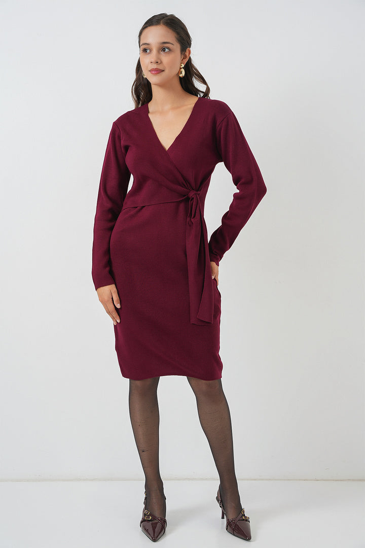 BGD Women Women's Wrap Neck Sweater Dress 15928 - Burgundy - Perris