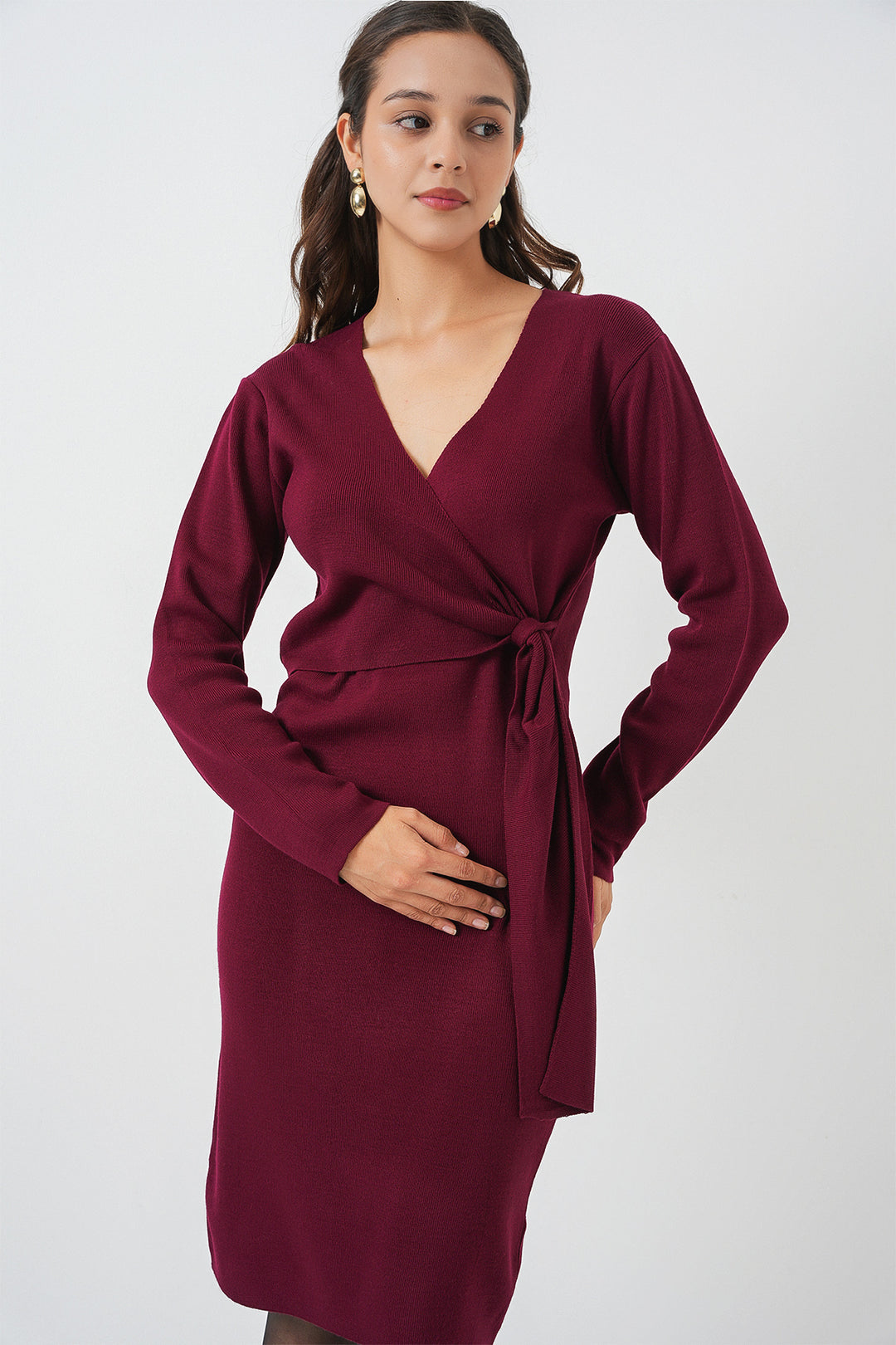 BGD Women Women's Wrap Neck Sweater Dress 15928 - Burgundy - Perris