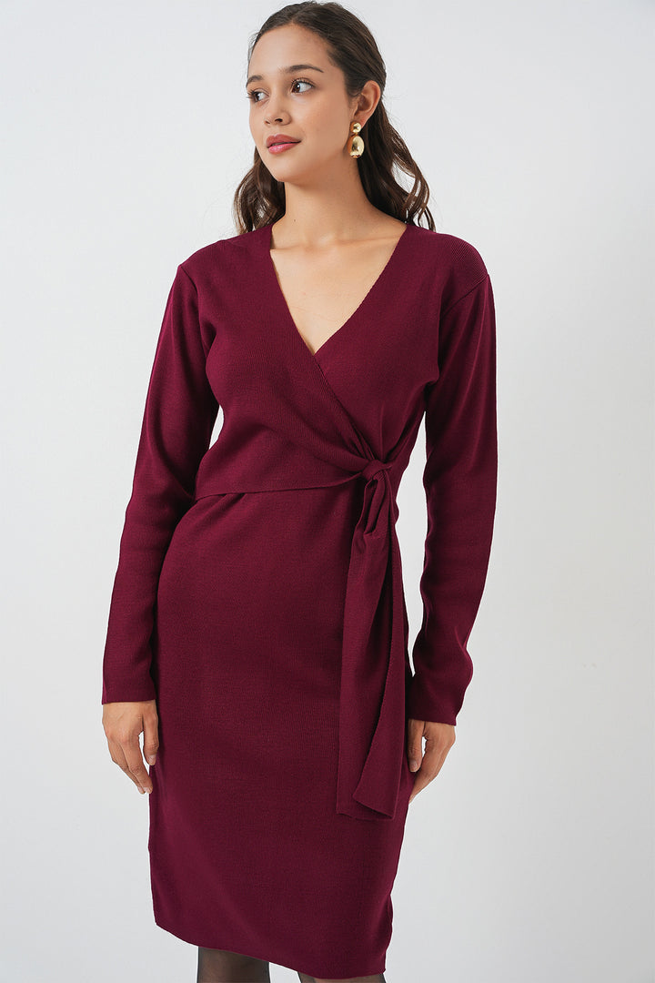 BGD Women Women's Wrap Neck Sweater Dress 15928 - Burgundy - Perris