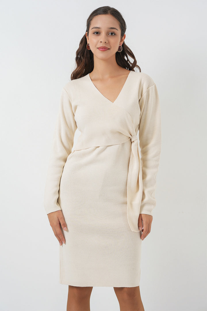 BGD Women Women's Wrap Neck Knit Dress 15928 - Ecru - Clovis