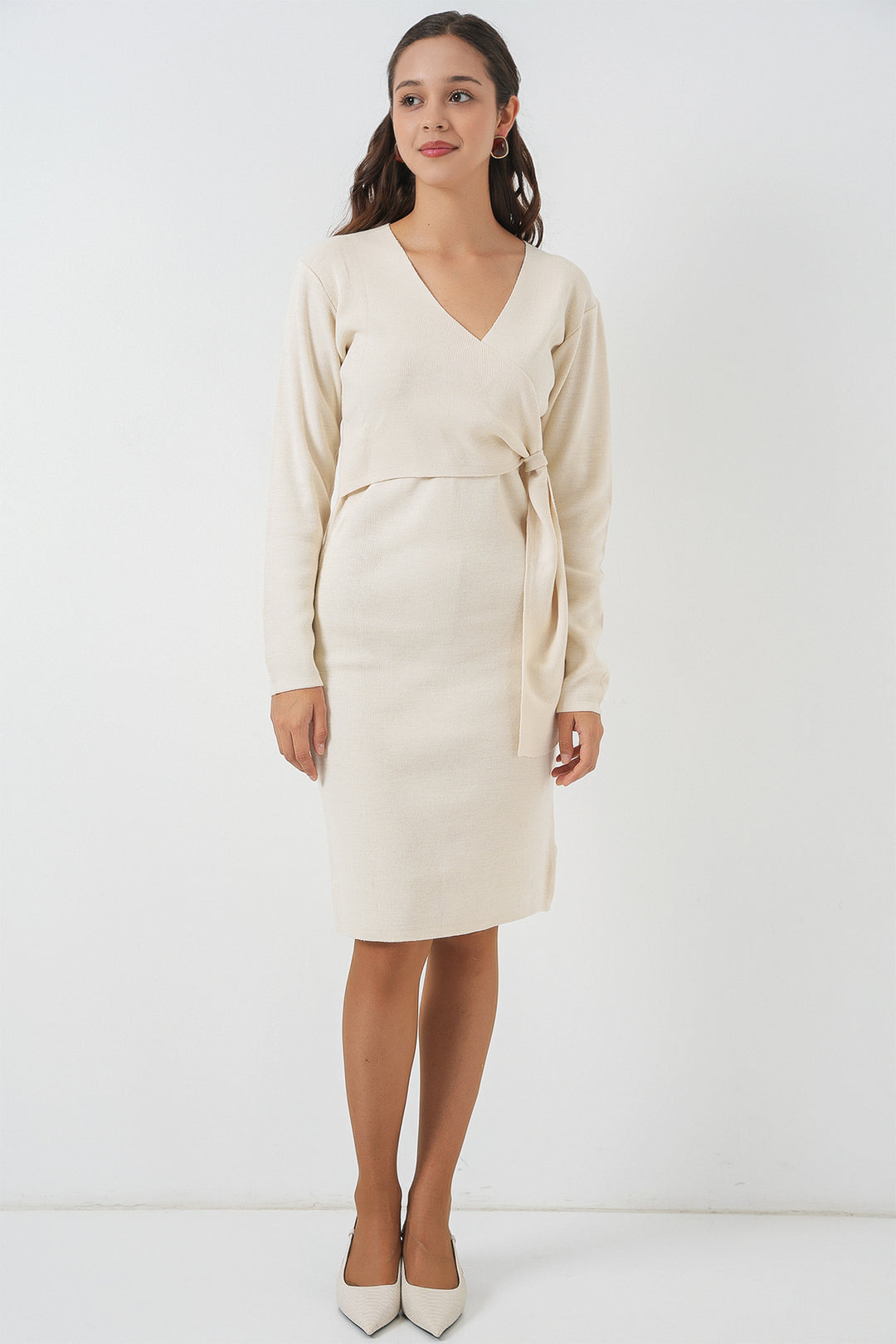 BGD Women Women's Wrap Neck Knit Dress 15928 - Ecru - Clovis