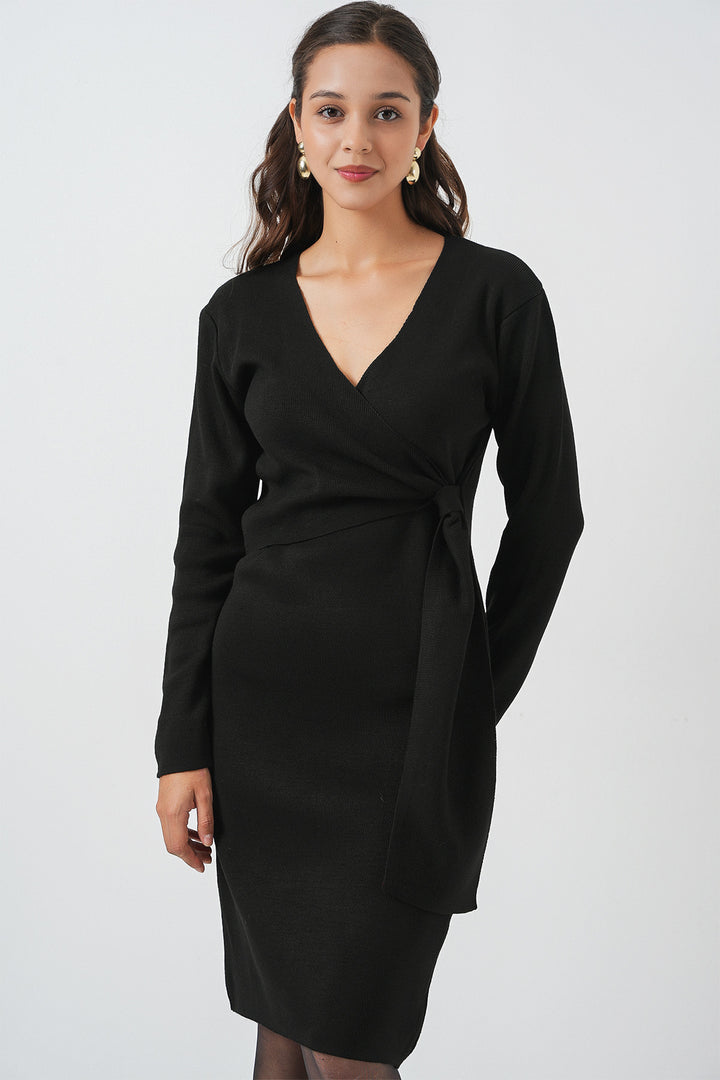 BGD Women Women's Wrap Neck Sweater Dress 15928 - Black - Merrillville