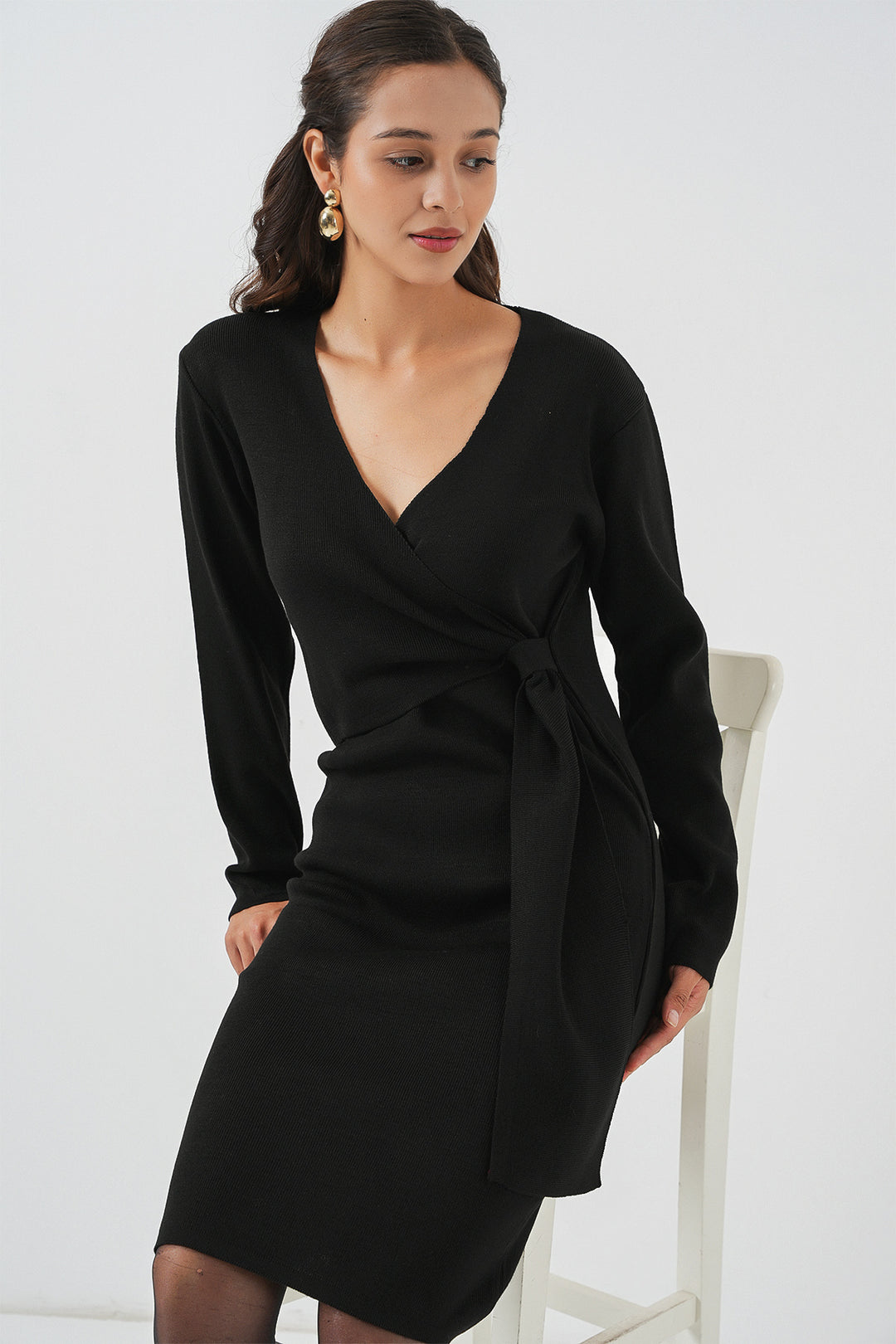BGD Women Women's Wrap Neck Sweater Dress 15928 - Black - Merrillville