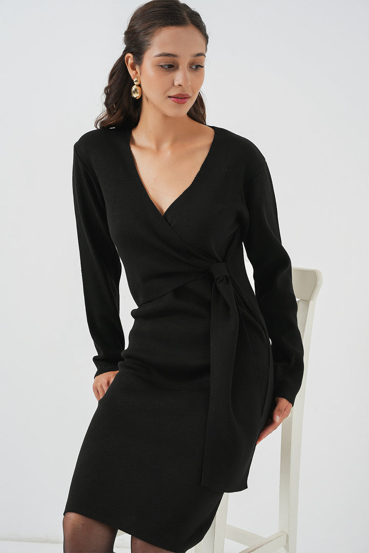 BGD Women Women's Wrap Neck Sweater Dress 15928 - Black - Merrillville