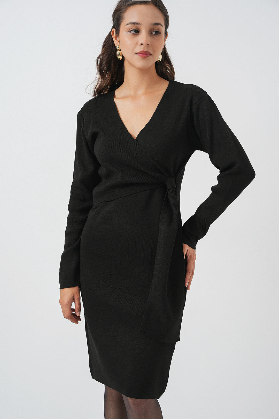 BGD Women Women's Wrap Neck Sweater Dress 15928 - Black - Merrillville