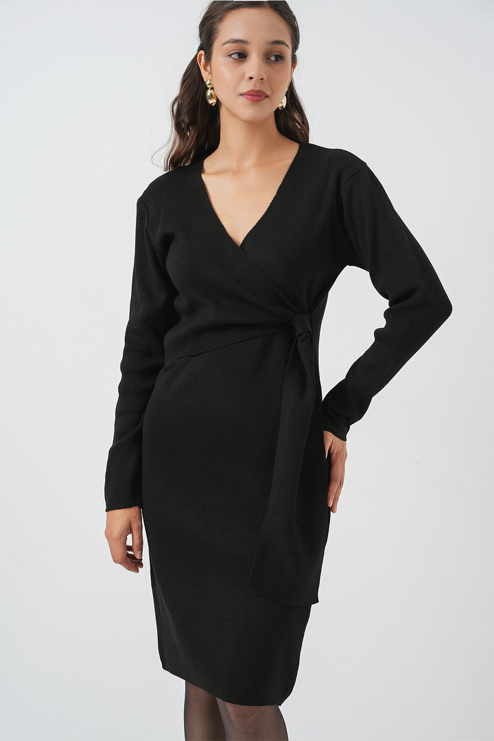 BGD Women Women's Wrap Neck Sweater Dress 15928 - Black - Merrillville