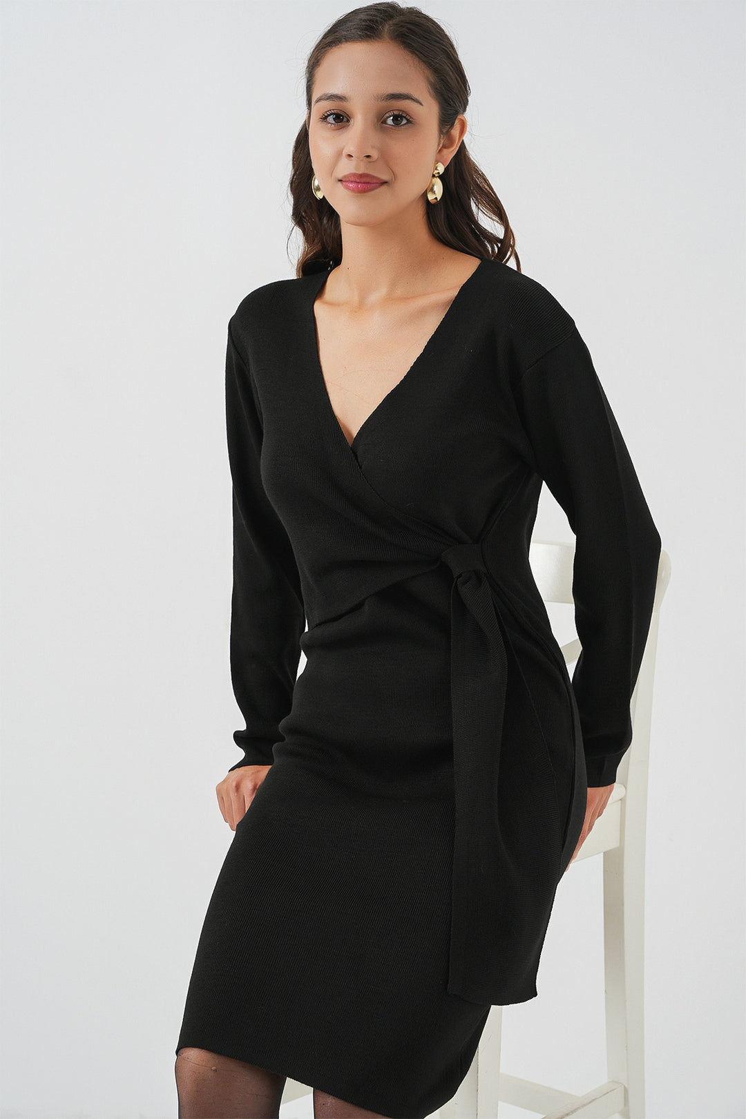 BGD Women Women's Wrap Neck Sweater Dress 15928 - Black - Merrillville