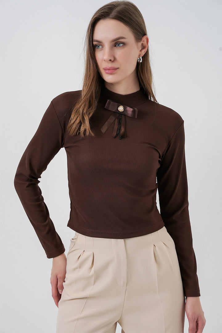 BGD Women Woman Ribbon Detail Long Sleeve Blouse 977 - Brown - Suffolk