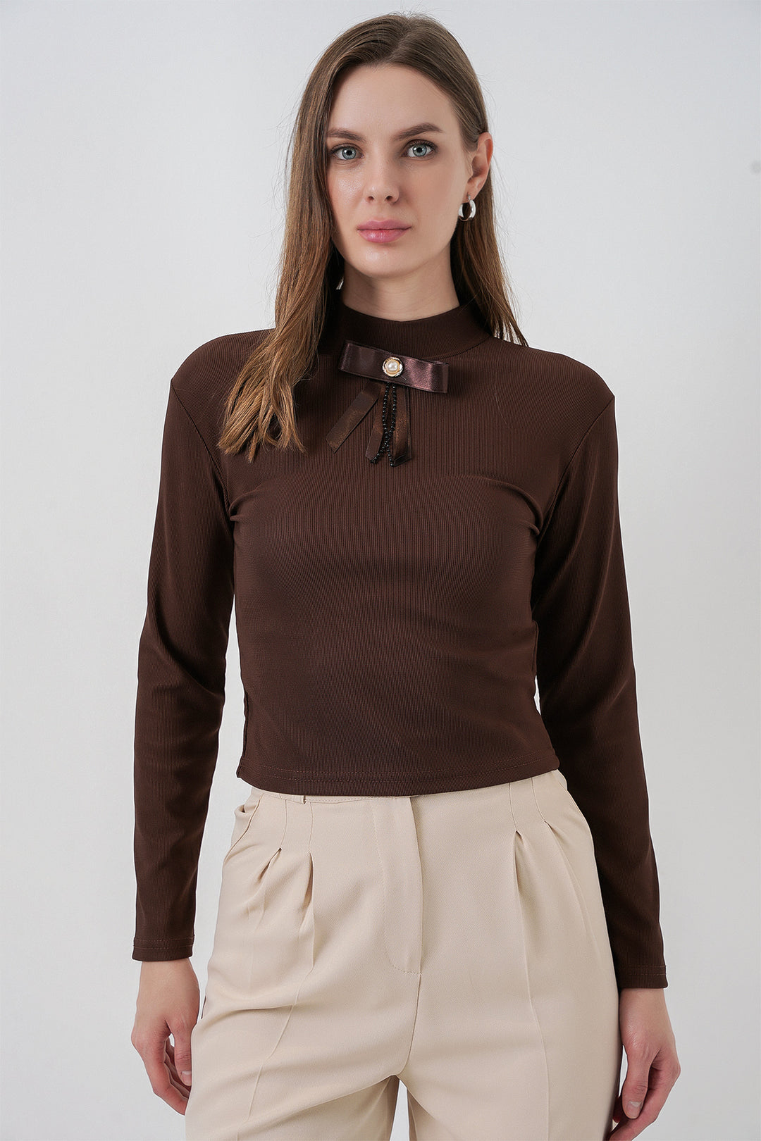 BGD Women Woman Ribbon Detail Long Sleeve Blouse 977 - Brown - Suffolk