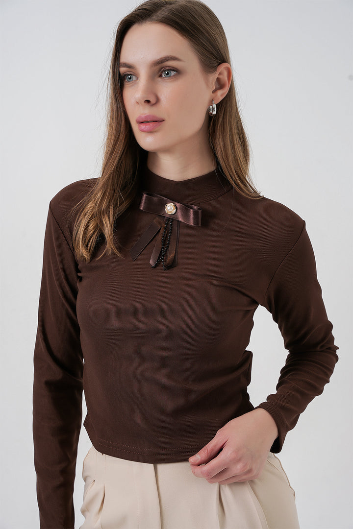 BGD Women Woman Ribbon Detail Long Sleeve Blouse 977 - Brown - Suffolk