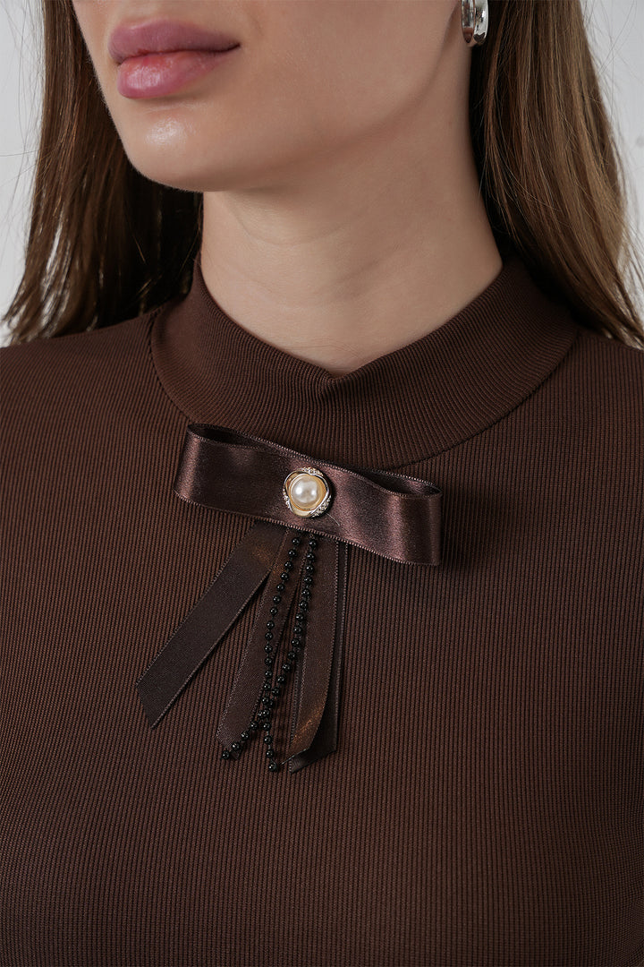 BGD Women Woman Ribbon Detail Long Sleeve Blouse 977 - Brown - Suffolk