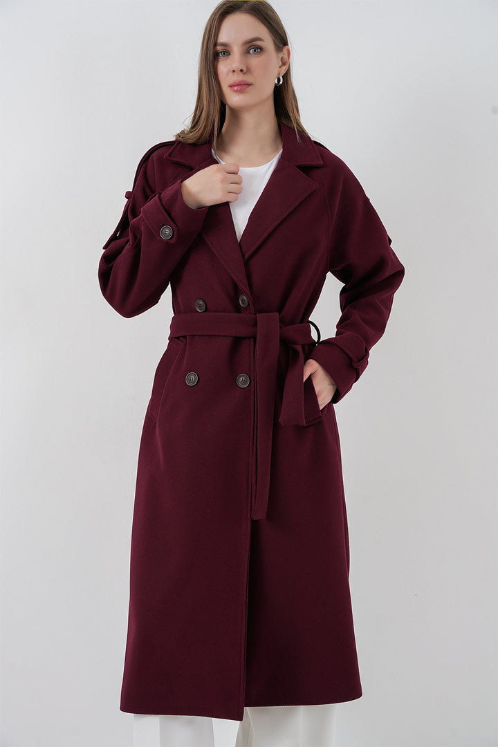 BGD Women Kadın Kuşaklı Kaşe Kaban 9161 - Bordo - Coral Springs