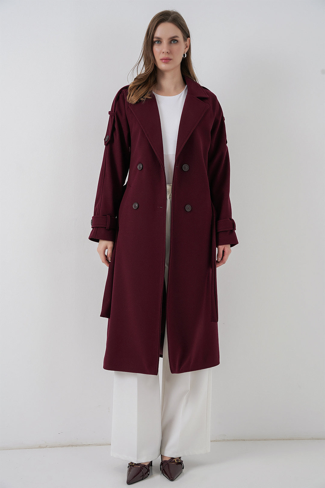 BGD Women Kadın Kuşaklı Kaşe Kaban 9161 - Bordo - Coral Springs