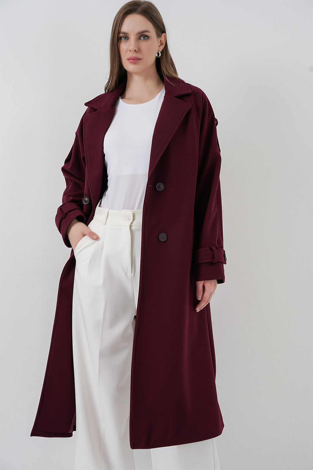 BGD Women Kadın Kuşaklı Kaşe Kaban 9161 - Bordo - Coral Springs