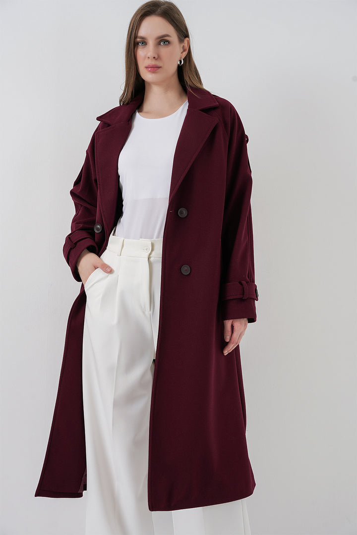 BGD Women Kadın Kuşaklı Kaşe Kaban 9161 - Bordo - Coral Springs