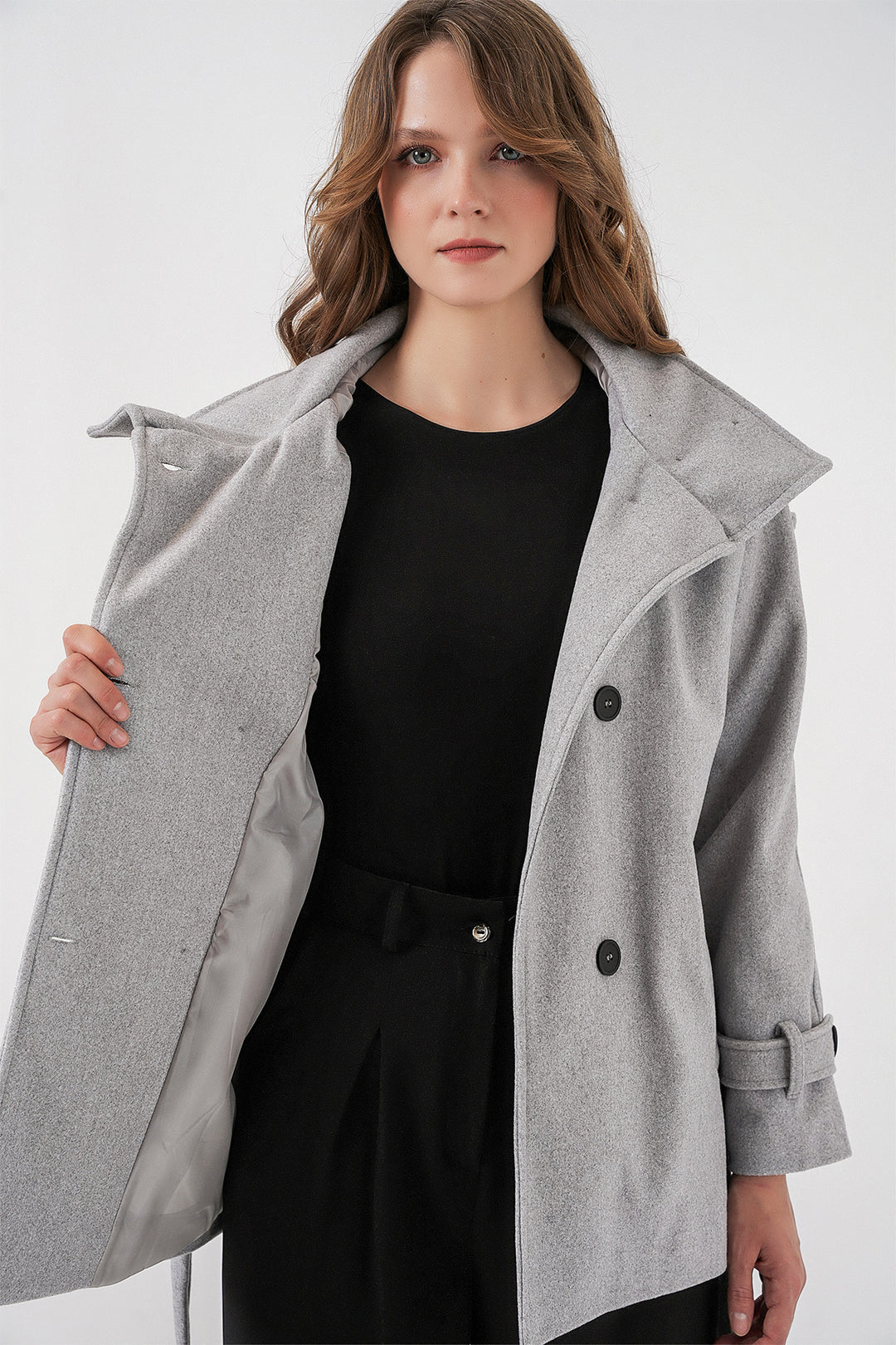 BGD Women Women's Belted Cashmere Coat 9162 - Gray - Godalming