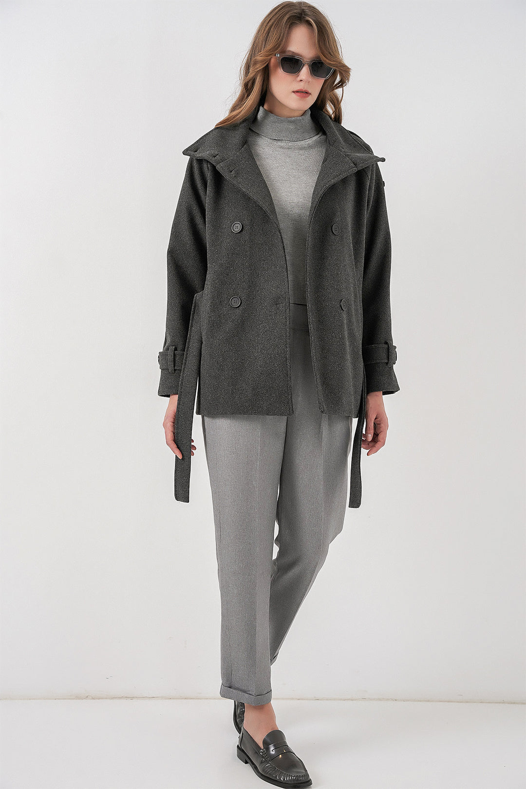 BGD Women Kadın Kuşaklı Kaşe Kaban 9162 - Antrasit - Lauderdale Lakes