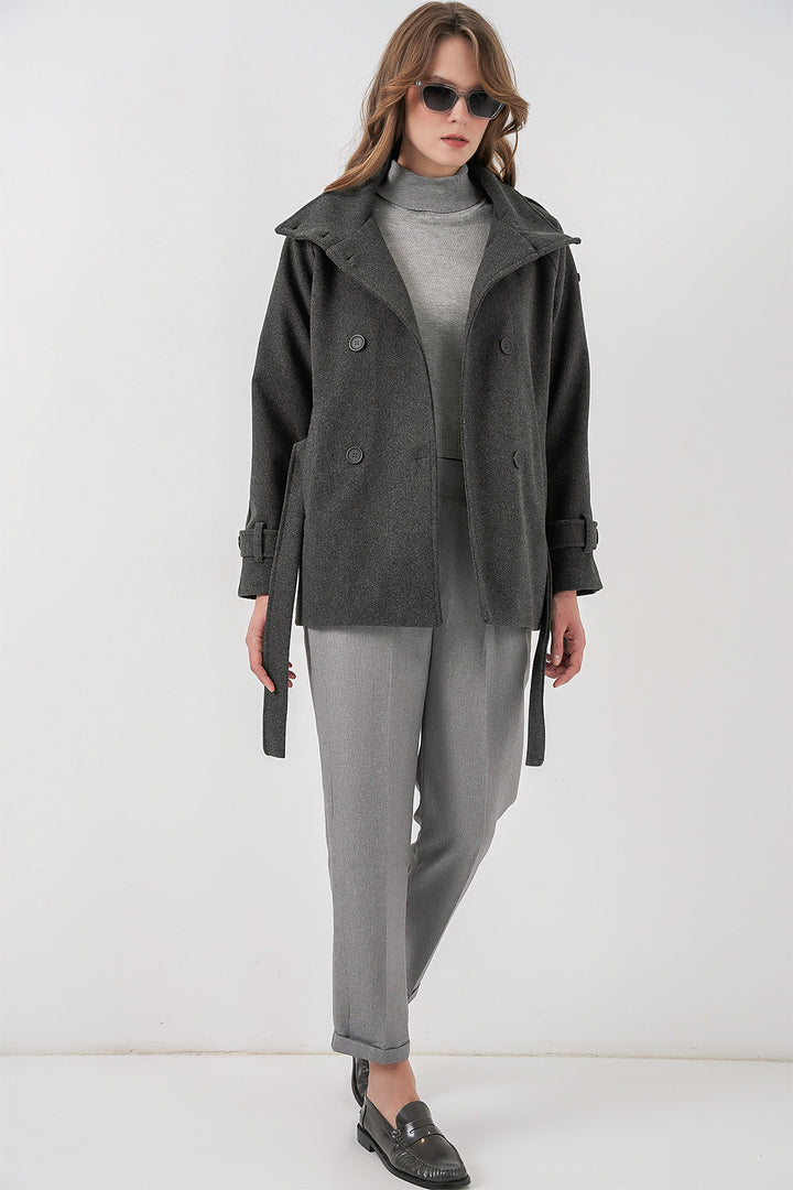 BGD Women Kadın Kuşaklı Kaşe Kaban 9162 - Antrasit - Lauderdale Lakes