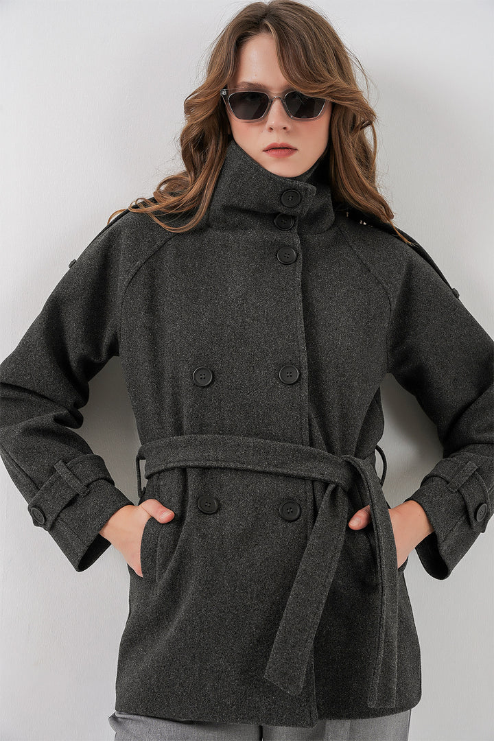 BGD Women Kadın Kuşaklı Kaşe Kaban 9162 - Antrasit - Lauderdale Lakes