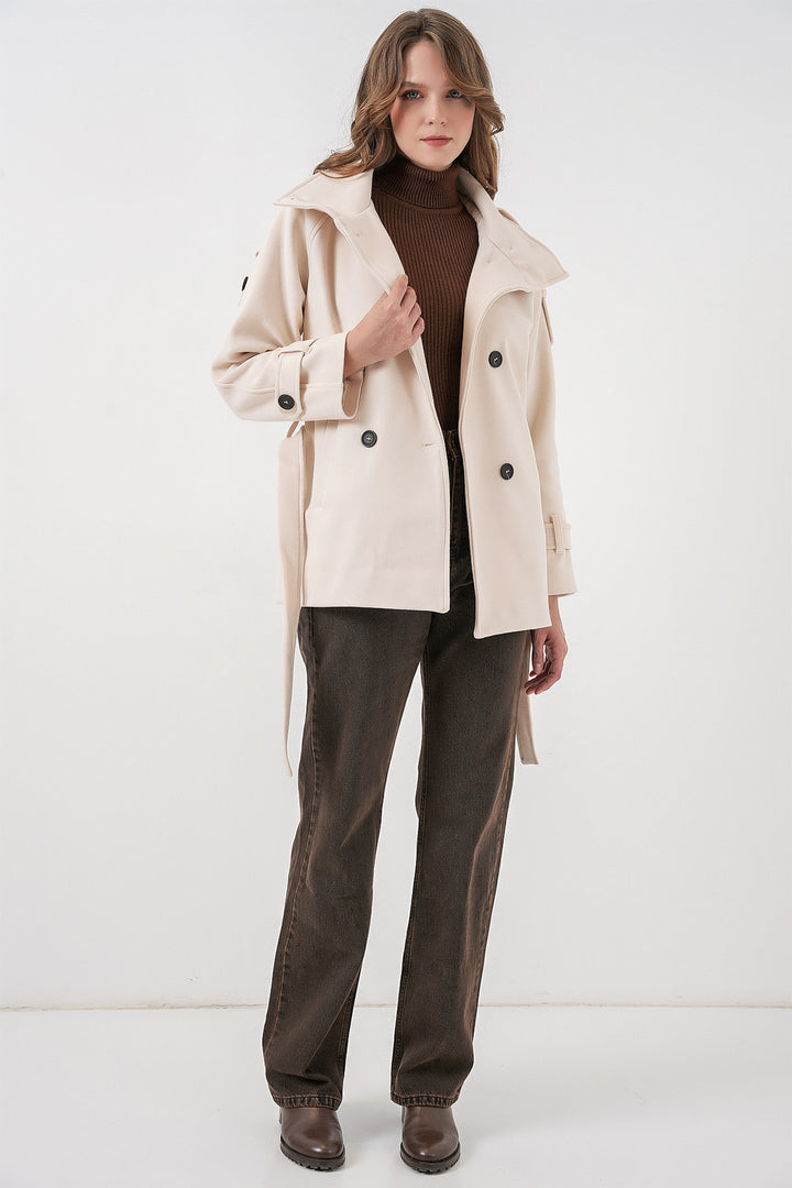 BGD Women Women's Belted Cashmere Coat 9162 - Ecru - New Rochelle