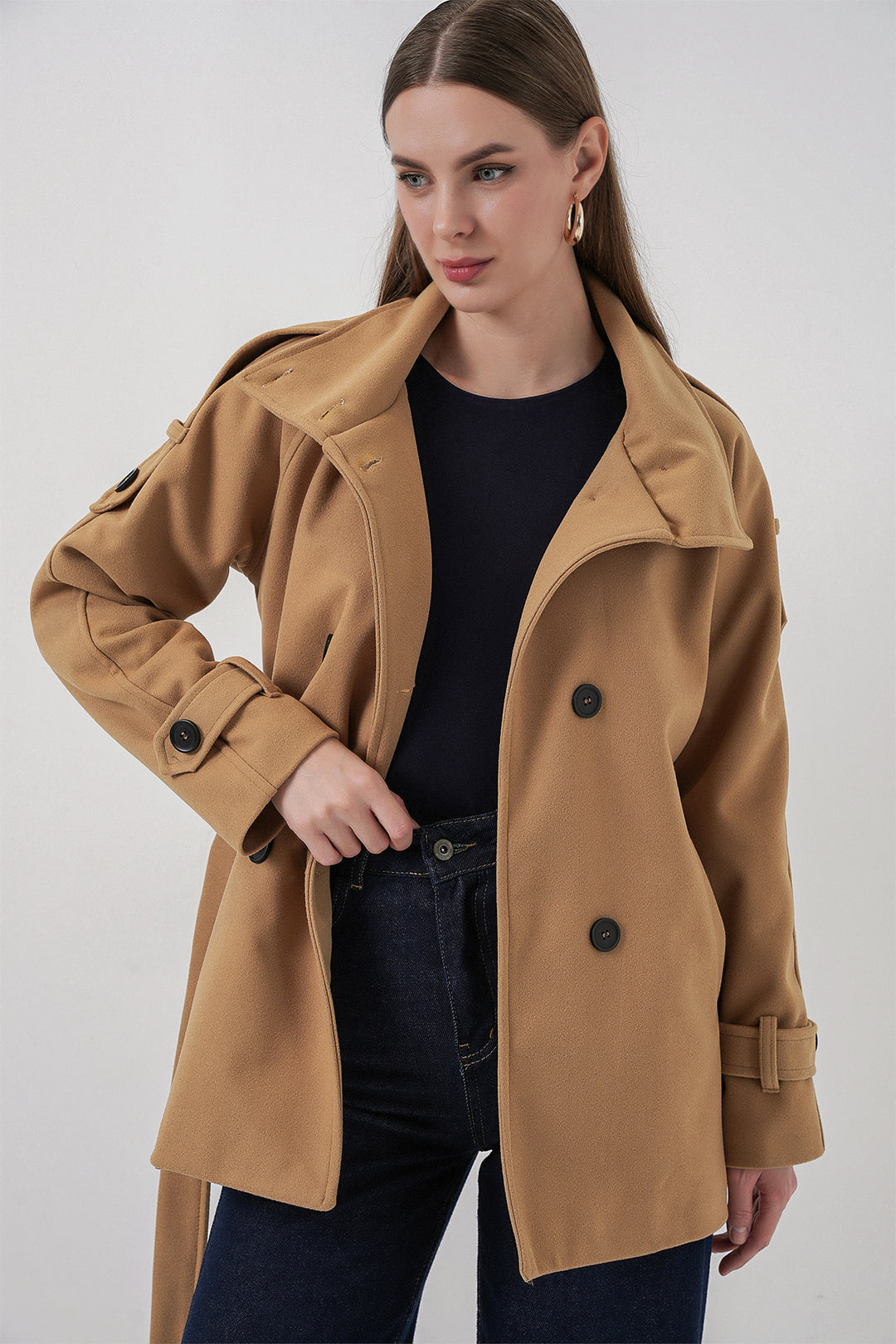 BGD Women Kadın Kuşaklı Kaşe Kaban 9162 - Hardal - Mollet