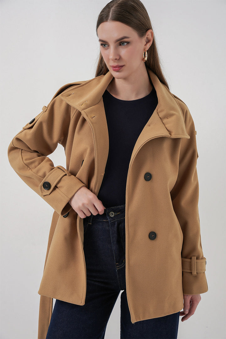 BGD Women Kadın Kuşaklı Kaşe Kaban 9162 - Hardal - Mollet