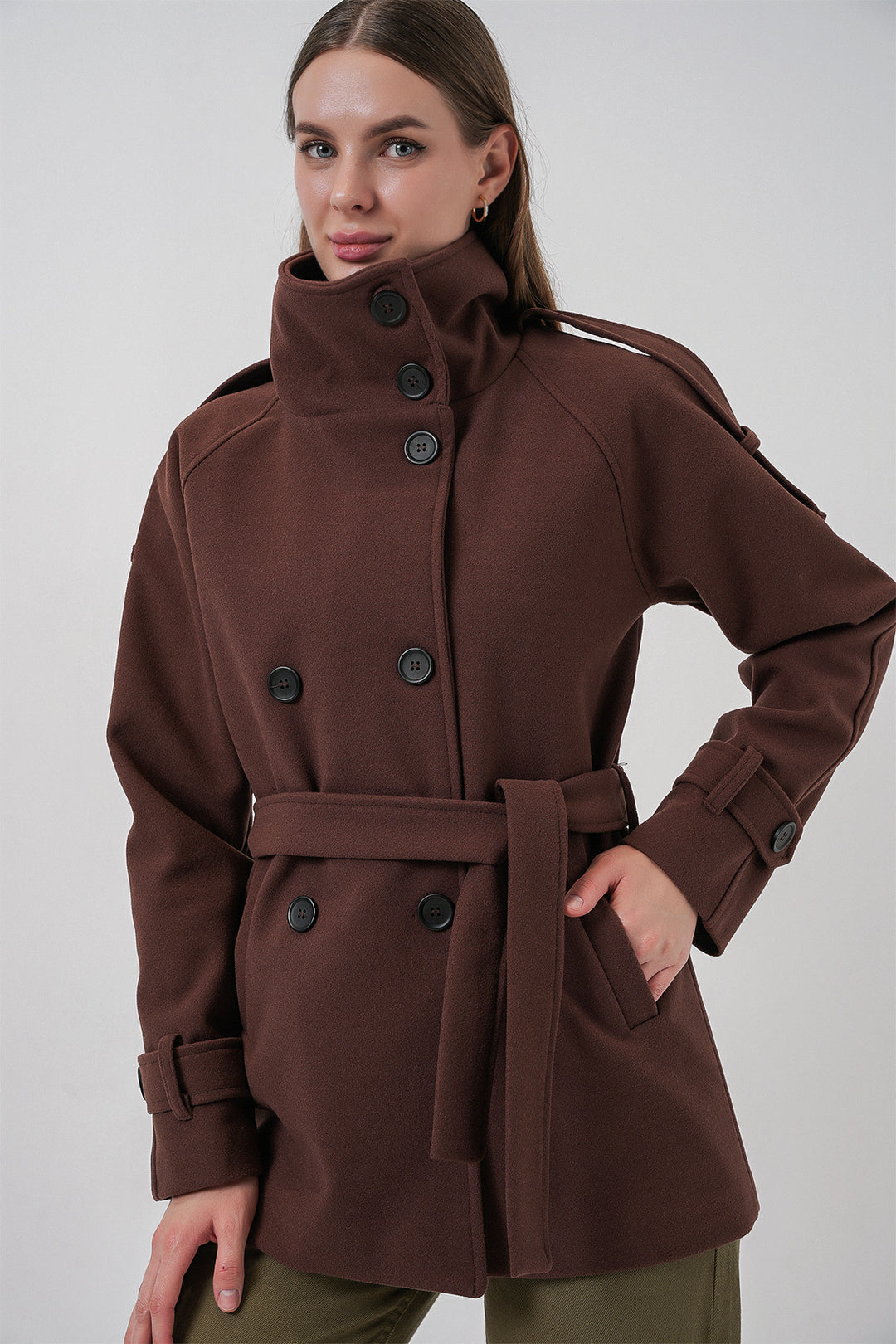 BGD Women Kadın Kuşaklı Kaşe Kaban 9162 - Kahverengi - Port Charlotte