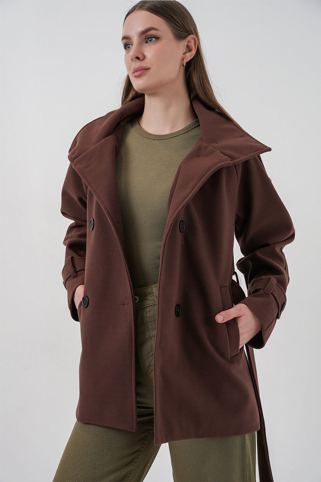 BGD Women Kadın Kuşaklı Kaşe Kaban 9162 - Kahverengi - Port Charlotte
