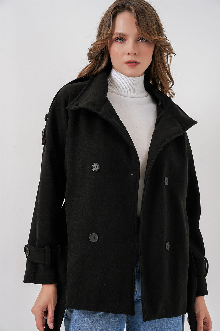 BGD Women Women's Belted Cashmere Coat 9162 - Black - Sterling Heights