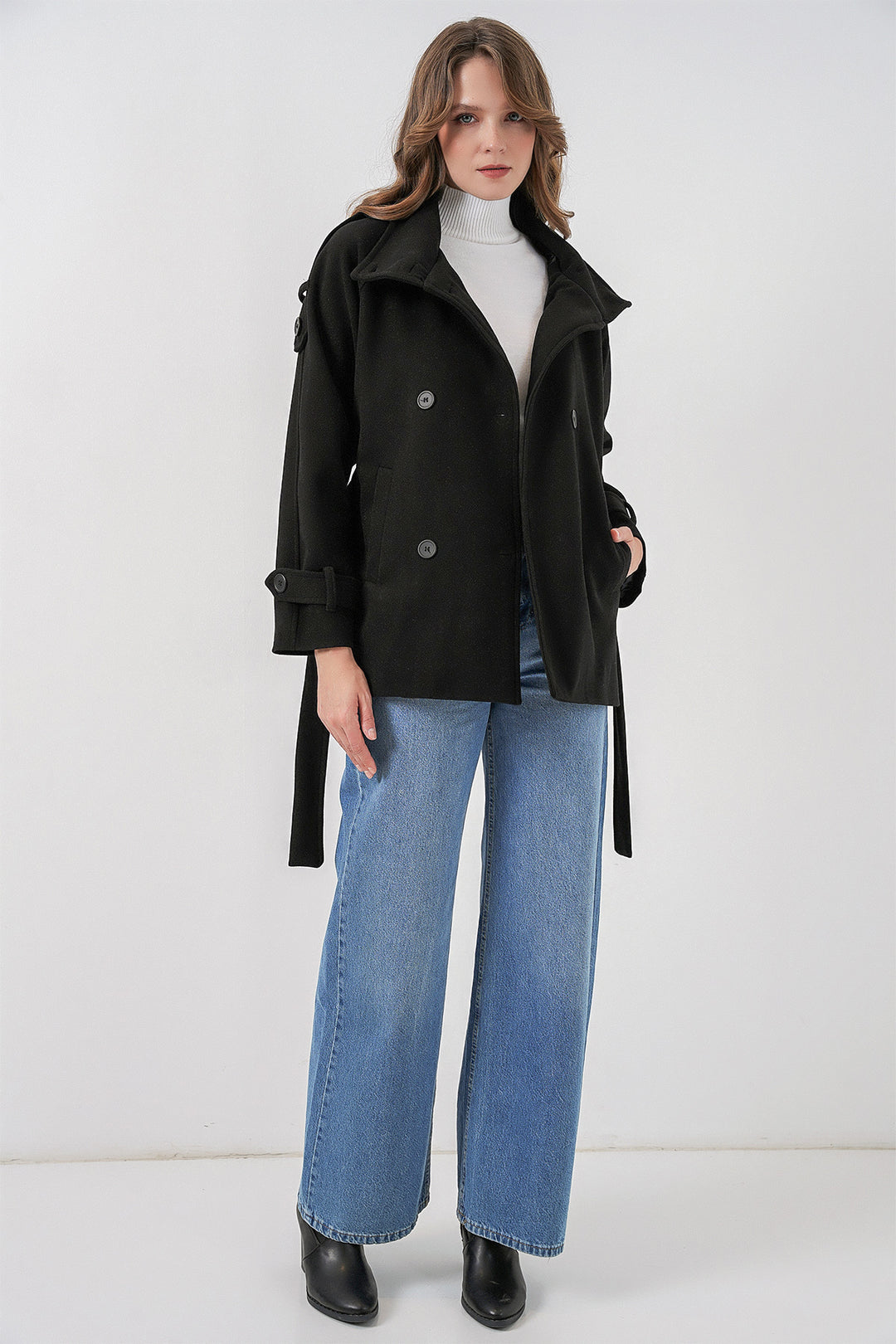 BGD Women Women's Belted Cashmere Coat 9162 - Black - Sterling Heights