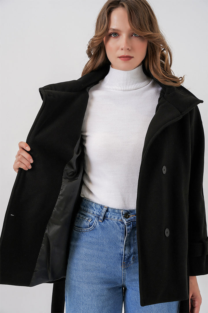 BGD Women Women's Belted Cashmere Coat 9162 - Black - Sterling Heights