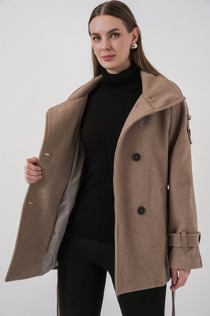 BGD Women Kadın Kuşaklı Kaşe Kaban 9162 - Taş - Roosendaal