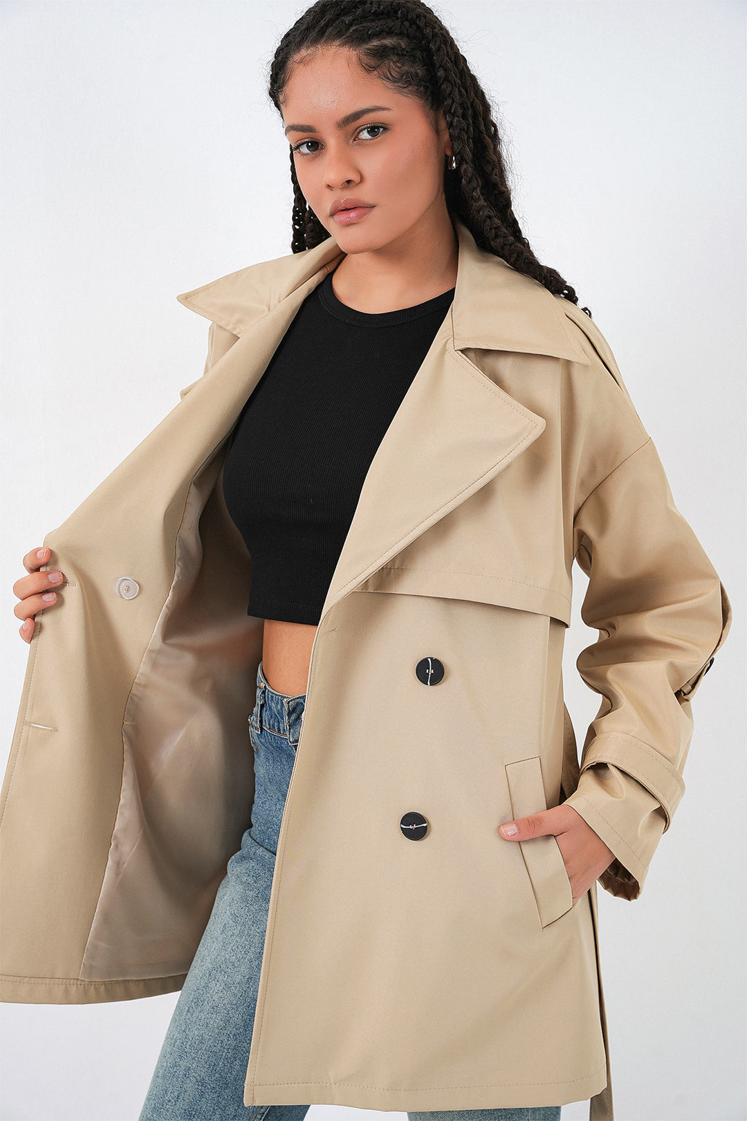 BGD Women Kadın Kuşaklı Kısa Trençkot 5974 - Bej - Leith