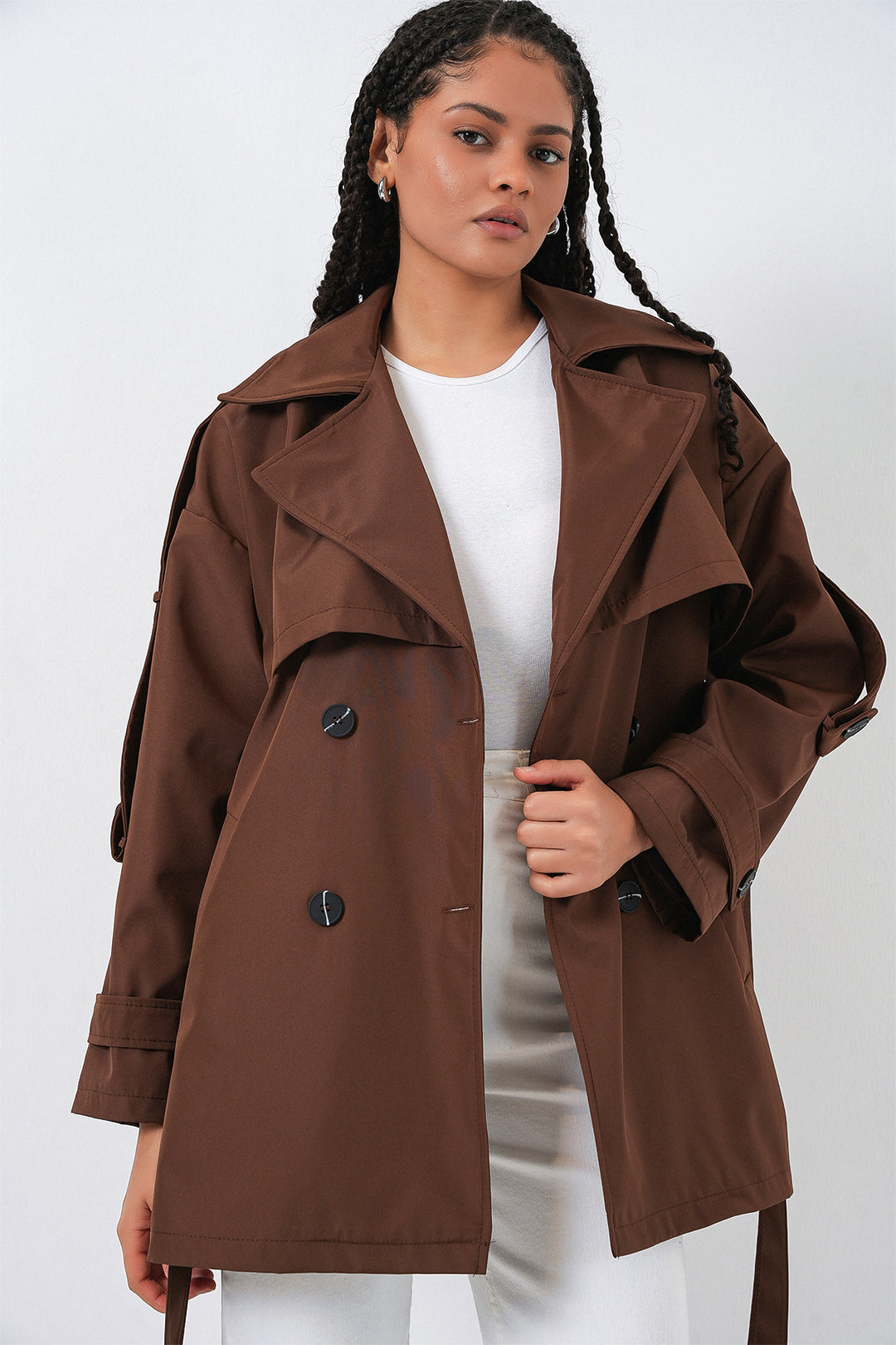 BGD Women Kadın Kuşaklı Kısa Trençkot 5974 - Kahverengi - Spring Hill