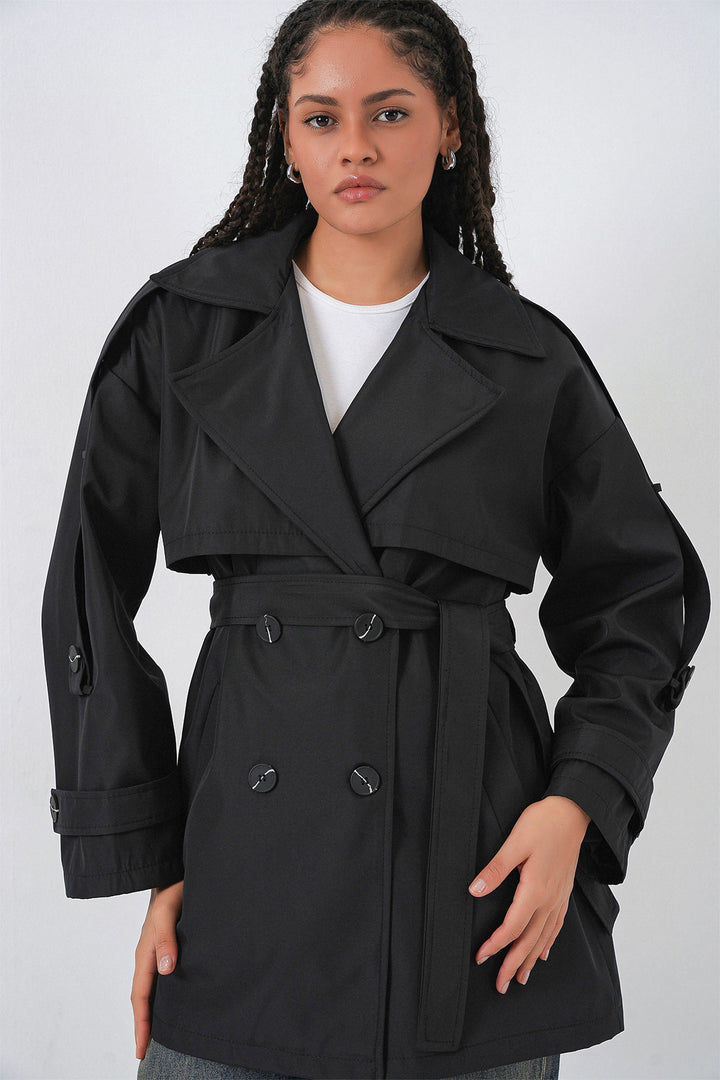 BGD Women Women's Belted Short Trench Coat 5974 - Black - Brea