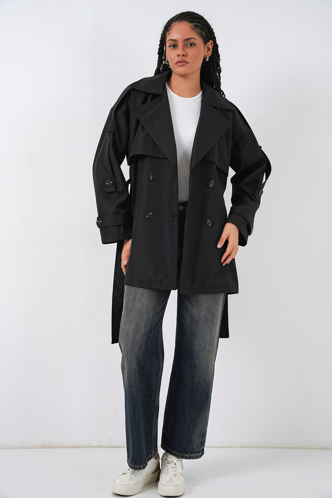 BGD Women Women's Belted Short Trench Coat 5974 - Black - Brea