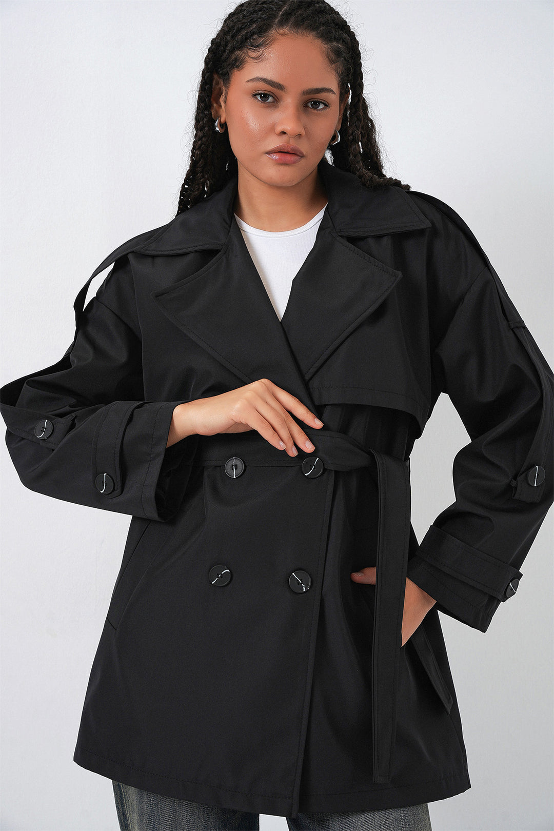 BGD Women Women's Belted Short Trench Coat 5974 - Black - Brea